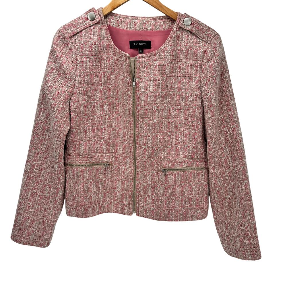 Talbots Tweed Blazer Womens 12 Pink Coastal Full Zip Lined Jacket + Pockets